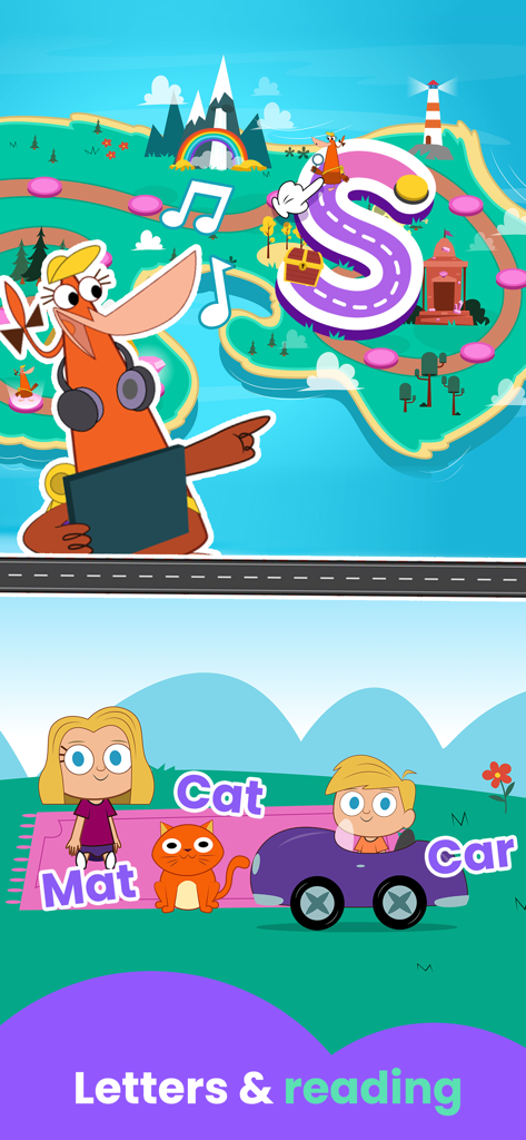 An educational screen for kids showing letter tracing of the letter S and early reading activities with words like Cat and Mat.