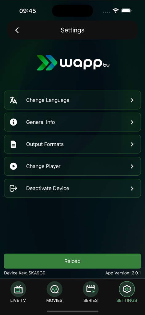 WPlay Mobile - Settings menu of the WPlay Mobile application showing configuration options for language and media player