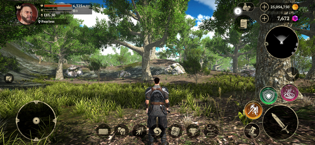 Evil Lands: Epic MMORPG game - Visuale di gioco in terza persona di un personaggio in piedi in una lussureggiante foresta in Evil Lands MMORPG