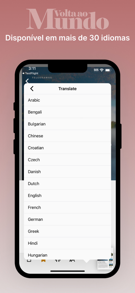 Volta ao Mundo - Volta ao Mundo app showing a translation menu with over 30 languages available for readers.