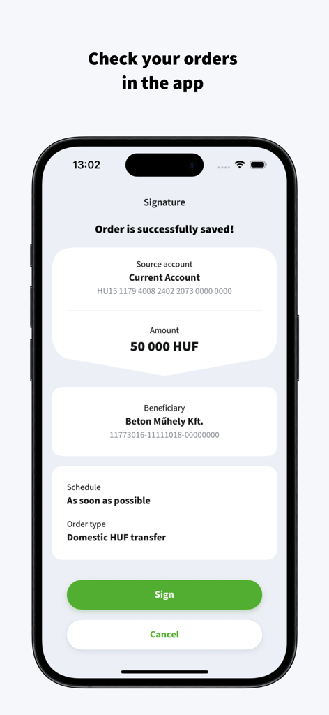 A mobile screen from the OTP Business app displaying a transaction signature request for a HUF transfer.