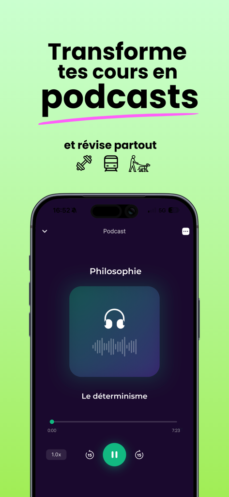 Podnotes - Interface de l'application mobile Podnotes montrant un lecteur audio pour une leçon de philosophie.