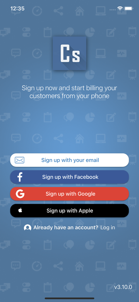 Contasimple – Invoices - Tela de cadastro do aplicativo Contasimple Invoices com opções de login para e-mail, Facebook, Google e Apple