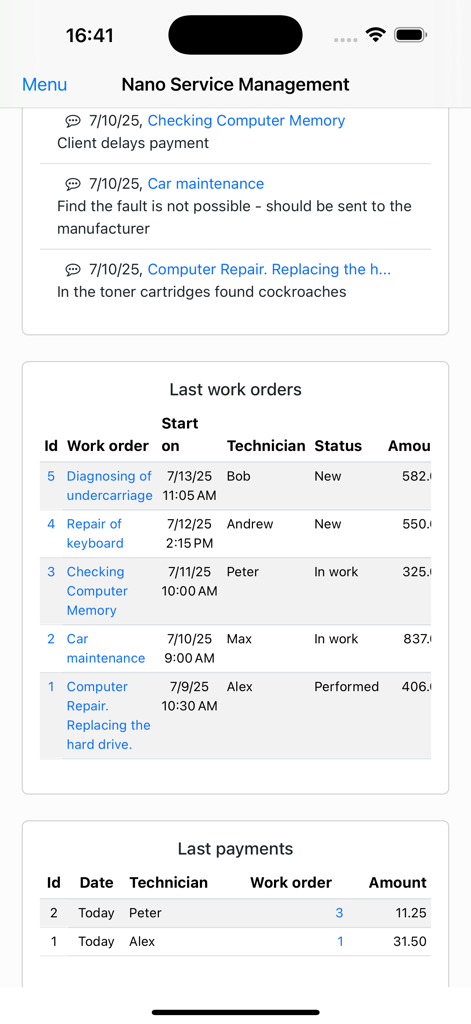Nano Service Management - Dashboard screen of the Nano Service Management app showing recent work orders with technician assignments and payment summaries