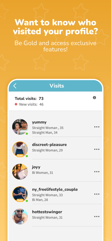 ysos: Couple meeting & dating - A screenshot of the visits feature on the ysos dating app showing a list of recent profile viewers including couples and singles.