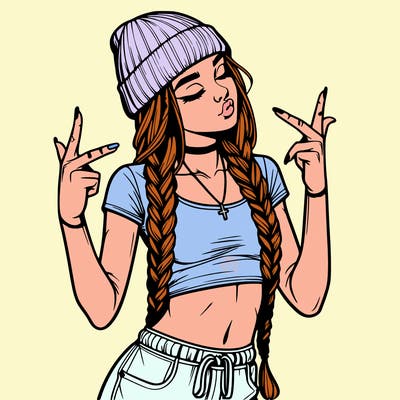 realistic teenage girl with braids and a beanie and crop top doing 🫶🏼