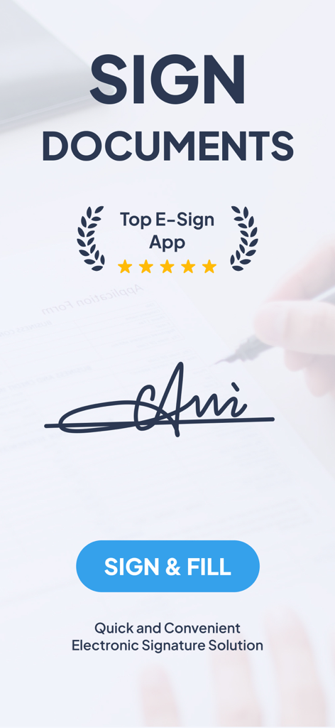 Schermata principale dell'app eSign PDF che mostra una firma manoscritta su un documento con un pulsante di firma e compilazione.