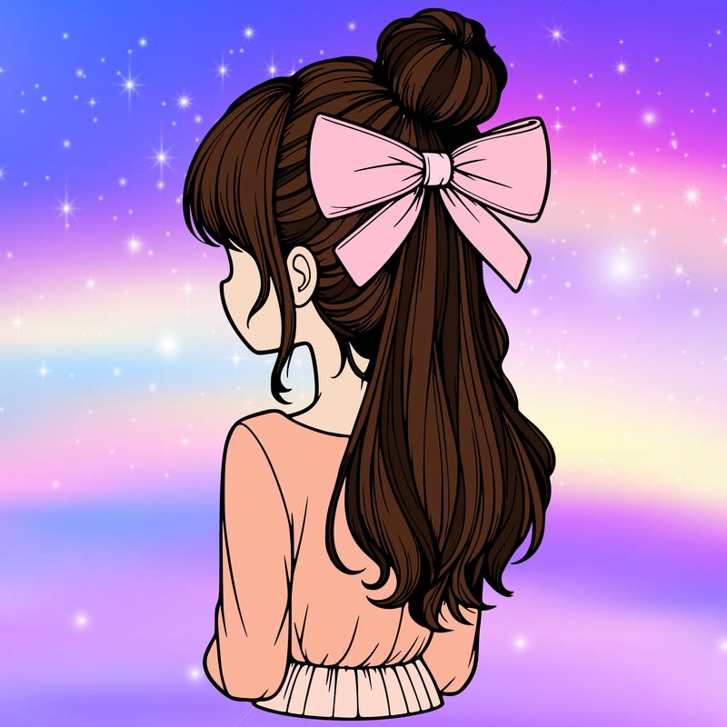 realistic girl  with hip length hair a bun and a big bow on the back of head