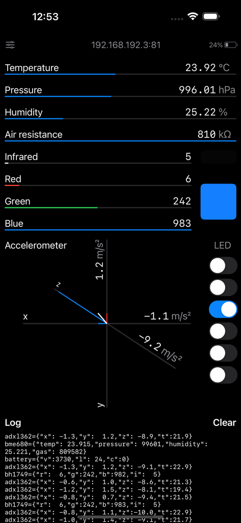 Real-time IoT sensor data dashboard showing environment metrics, accelerometer movement, and raw JSON logs