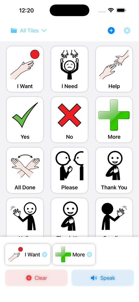 My Voice AAC - My Voice AAC app interface showing a grid of communication tiles and a sentence builder