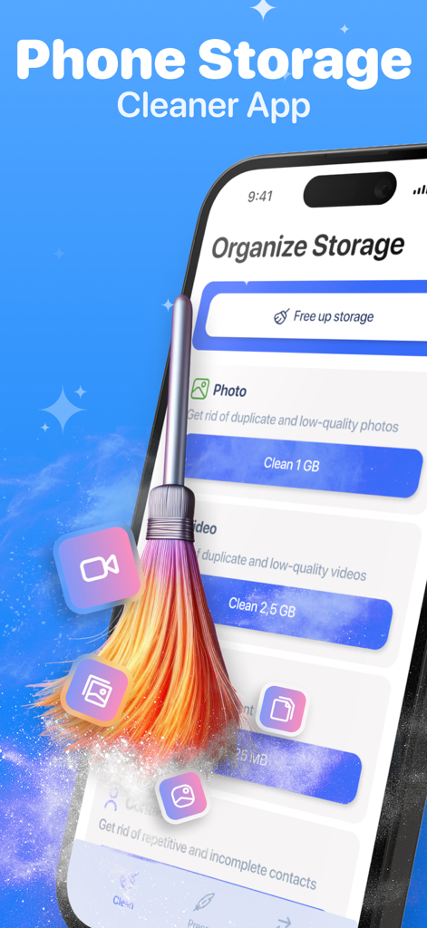 Ai Storage Cleaner・Clean Up - Pantalla de smartphone mostrando la interfaz de la aplicación Ai Storage Cleaner con una ilustración de escoba barriendo archivos digitales