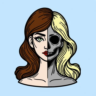 bust of a woman, half face and hair, half skull