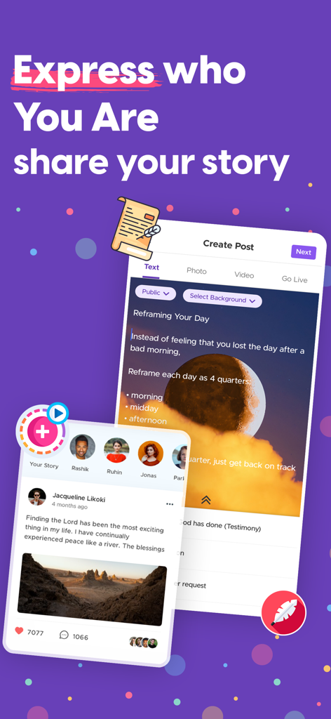 FaithCircle: Chat. Meet. Dates - FaithCircle app screen showing features to create posts and share faith-based stories and testimonies.