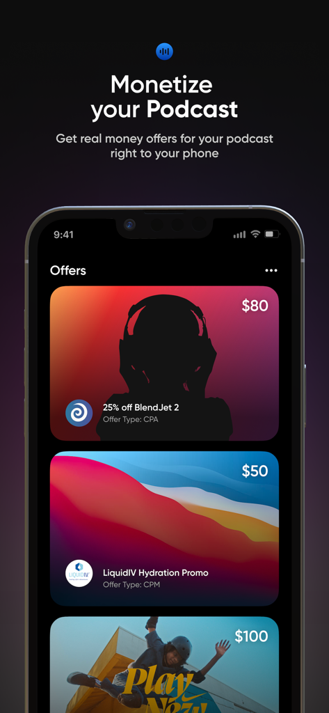 Zencastr - Zencastr mobile app interface showing various sponsorship offers and monetization options for podcasters