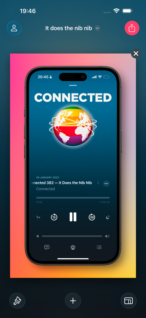 Frame Screenshots: Shareshot - Die Shareshot-App-Oberfläche zeigt einen iPhone-Screenshot in einem Geräte-Rahmen über einem lebendigen rosa-gelben Farbverlauf-Hintergrund.