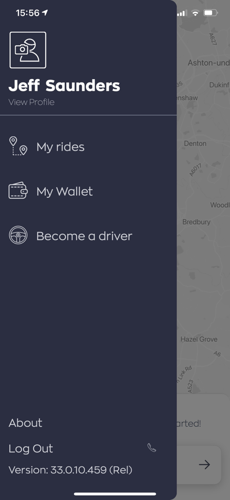 Checker Cabs Calgary - User profile menu of the Checker Cabs Calgary app featuring options for rides, wallet, and driver application.