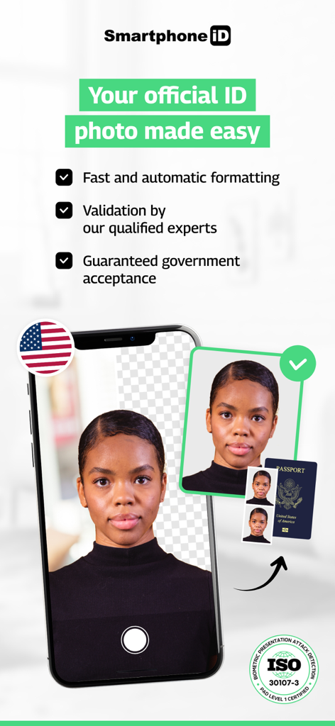Smartphone iD - Passport photo - Smartphone app screen showing how to take a government compliant passport photo with expert validation and automatic formatting