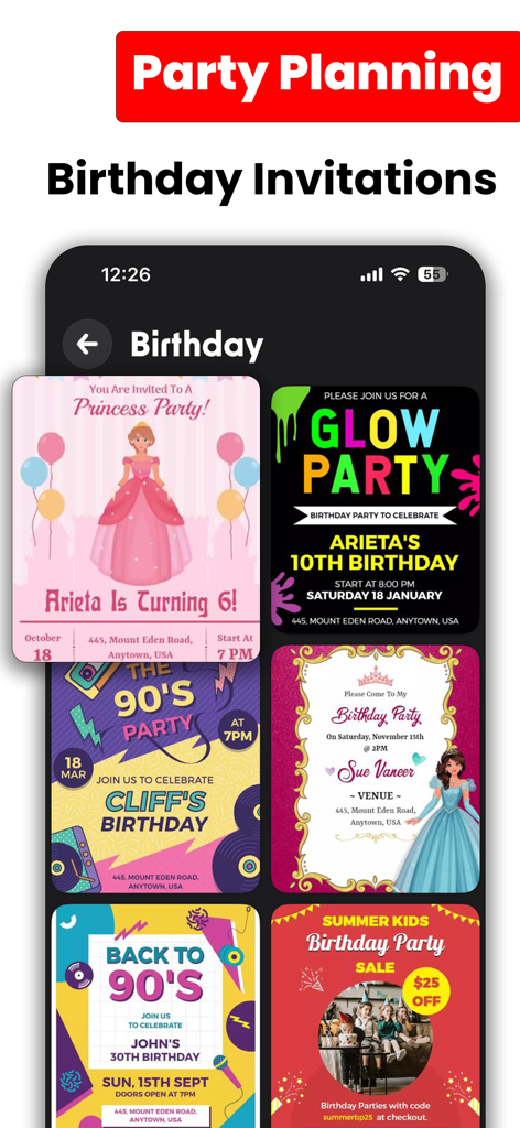 Poster & Flyer Maker: PostArt - Mobile app interface displaying various birthday invitation templates for party planning including princess and glow party themes.