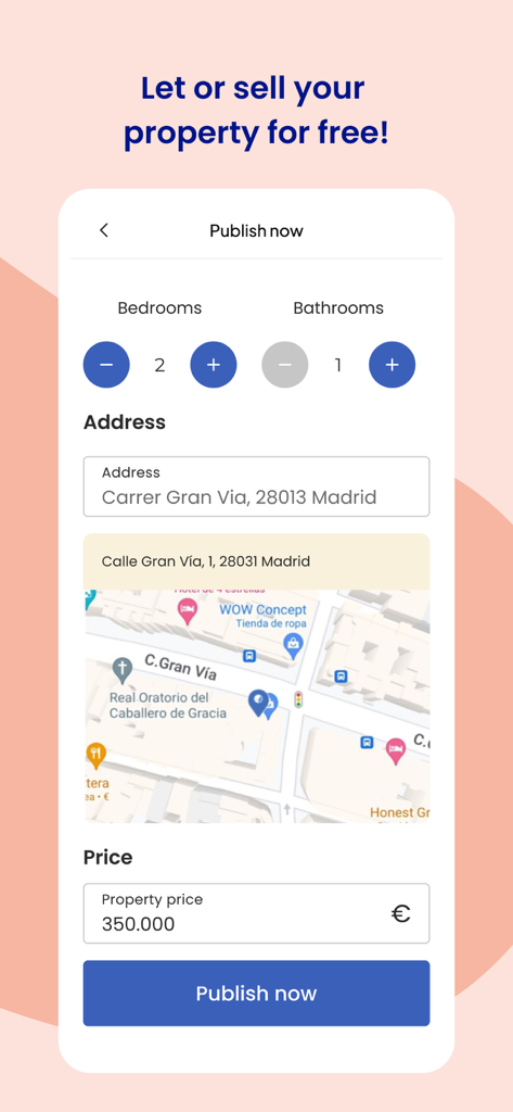 Mobile app interface showing a property listing form with bedrooms, bathrooms, address map, and price fields.