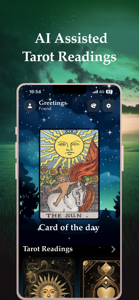 Witch - AI Tarot Card Reading - Captura de pantalla de la aplicación móvil Witch AI Tarot mostrando la carta del día El Sol