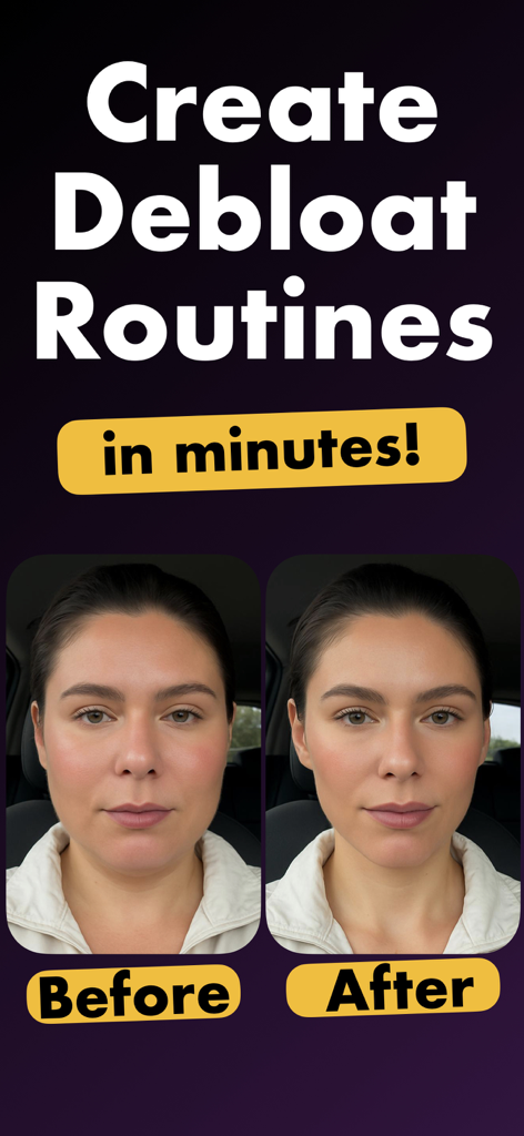 Debloat AI: Debloat Your Body - Before and after comparison of a woman face showing reduced puffiness and improved jawline definition