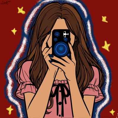a realistic girl holding her phone taking pictures