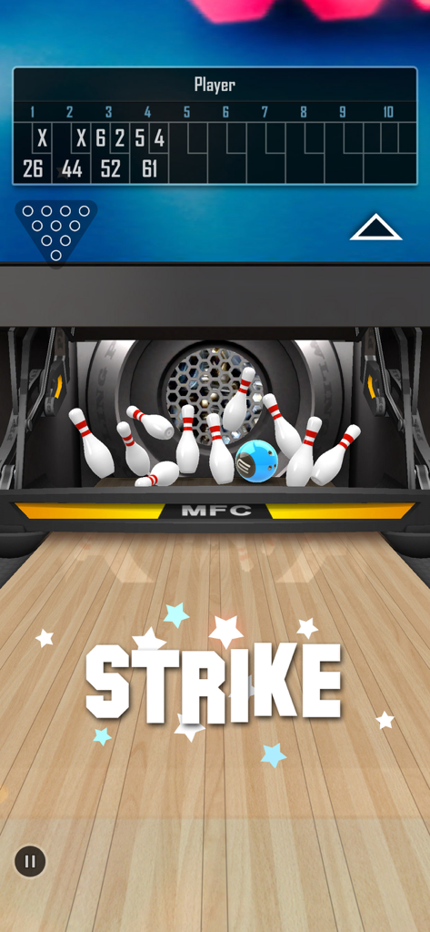 Bowling 3D Pro gameplay showing a strike with falling pins and a scorecard