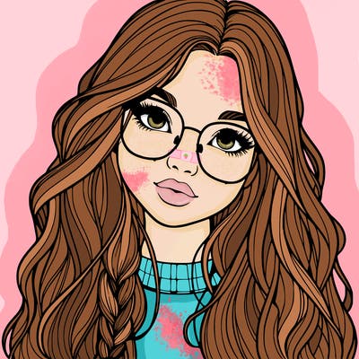 girl with long hair and freckles and glasses realistic