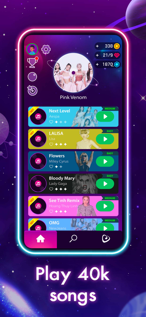 Dancing Road Color Match & Hop - La pantalla de la biblioteca de canciones en Dancing Road mostrando éxitos populares y un tema espacial de neón.