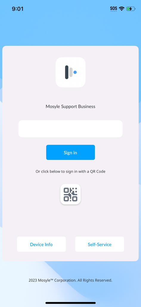 Mosyle Business - Pantalla de inicio de sesión de la aplicación Mosyle Business con botón de inicio de sesión y opción de código QR