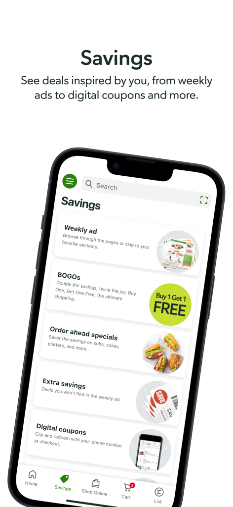 Publix app screen displaying weekly ads, BOGOs, and digital coupons for grocery savings.