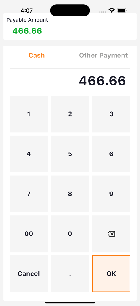 Restro POS cash payment screen showing a numeric keypad and total amount due