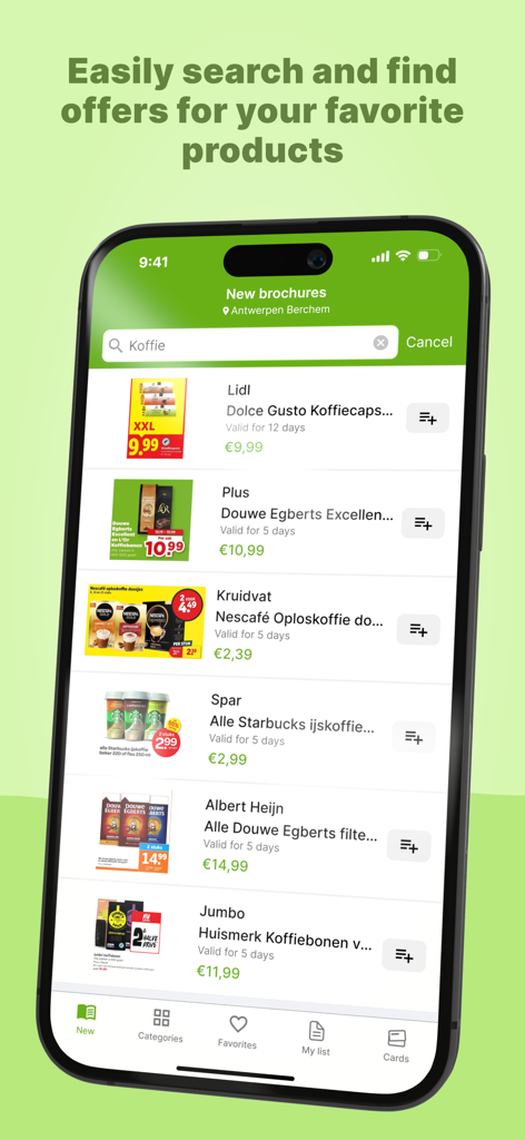 myShopi – leaflets & promos - A smartphone screen displaying search results for coffee deals and promotions from various grocery stores within the myShopi app interface
