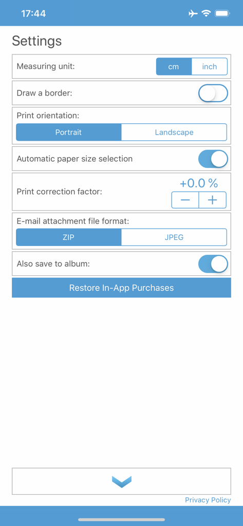 Biometric Passport Photo - Settings interface for the Biometric Passport Photo app showing printing and saving preferences.