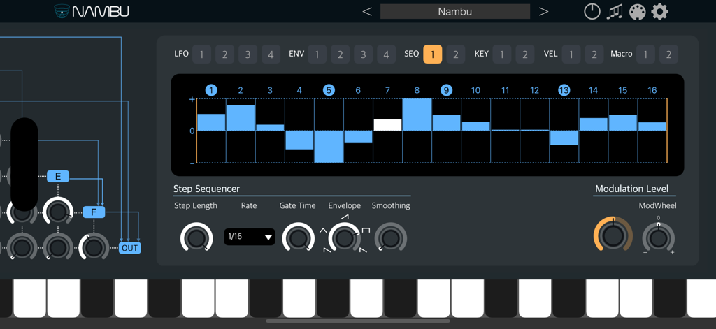 The step sequencer interface of Nambu AUv3 synth featuring a sixteen step modulation grid and parameter controls