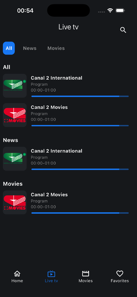Canal 2 Play - Canal 2 Play app interface displaying a list of live TV channels including Canal 2 International and Canal 2 Movies