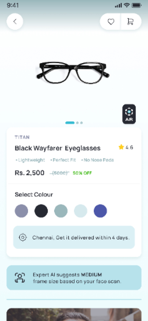 Titan Eye+: Eyeglasses Online - Product page of the Titan Eye plus app showing black wayfarer eyeglasses with an AR virtual try on button and AI size suggestions