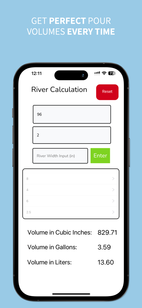 Mobile app interface for calculating epoxy resin volume for a river table project showing input fields and calculated results.