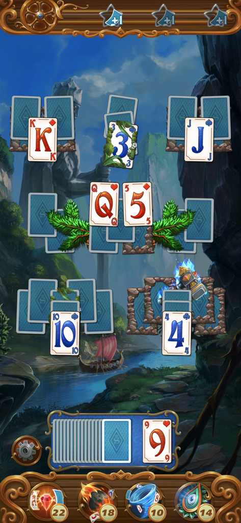A tri-peaks solitaire game layout featuring stylized cards over a magical fantasy landscape with a river and mountains.