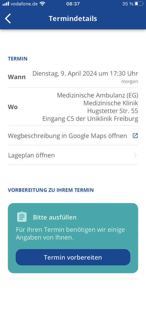 Termindetails-Bildschirm in der Meine Uniklinik App mit Uhrzeit, Ort und einer Handlungsaufforderung zur digitalen Vorbereitung.