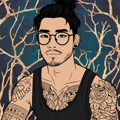 young attractive asian man with a man-bun, glasses, and tattoo's