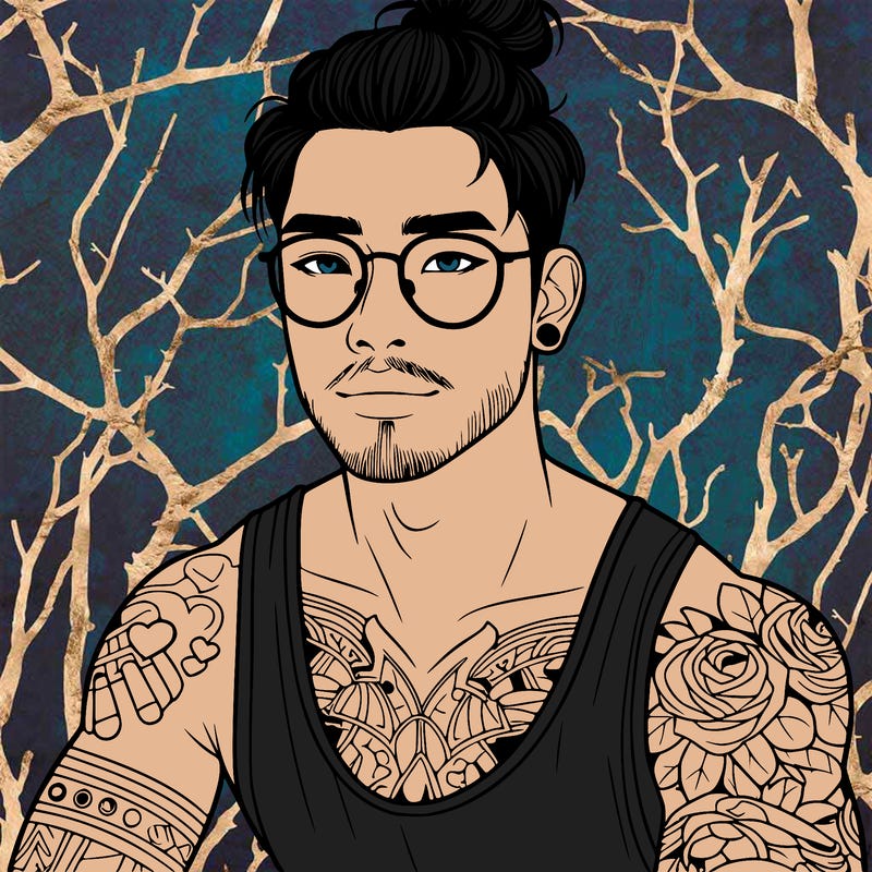 young attractive asian man with a man-bun, glasses, and tattoo's