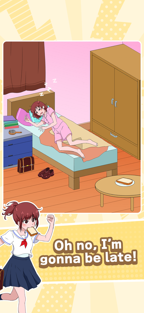 Tricky Mean - Brain puzzle - Una chica estilo anime durmiendo en su habitación y corriendo a la escuela con una tostada en la boca.