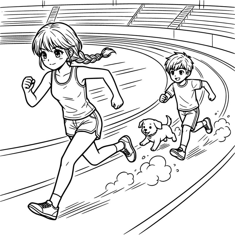 anime girl with braids and tank top and shorts on and ￼running fast across a racing track and a anime boy and puppy following her
