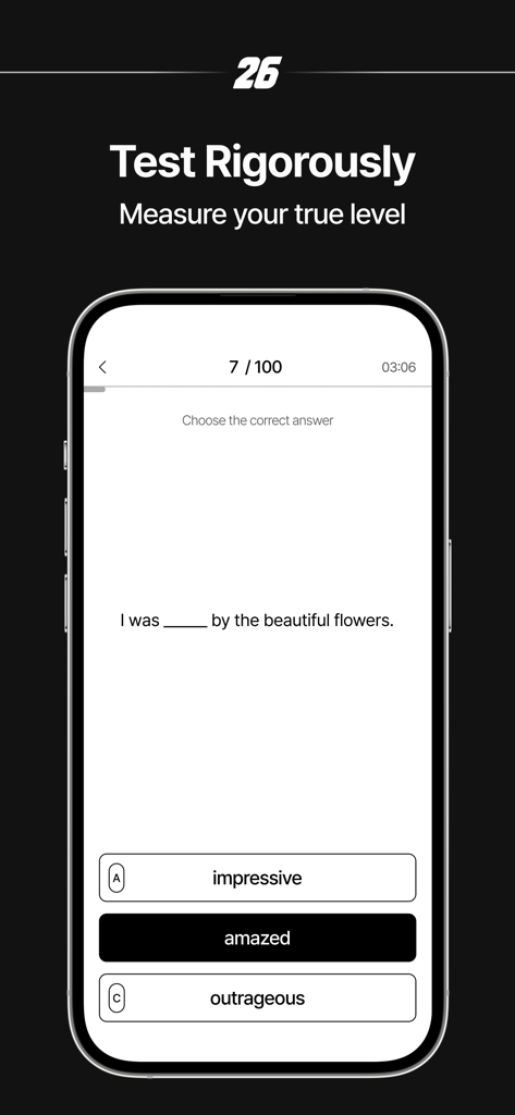 26s - Fill in the blank vocabulary test on the 26s app interface