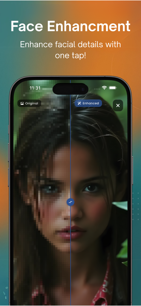 AI Upscale: Enlarge Images - Side by side comparison of a pixelated original photo and a sharp enhanced face using AI upscaling technology