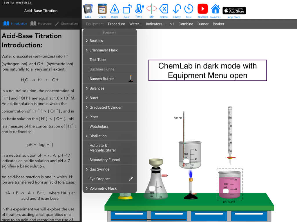 Model ChemLab Lite for iPad - Model ChemLab Lite app showing a virtual chemistry lab simulation in dark mode with the equipment menu open.
