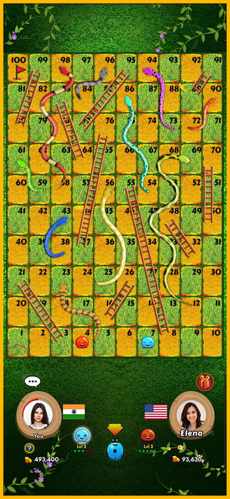 Snakes and Ladders King - Jugabilidad multijugador en línea de Rey de Serpientes y Escaleras con un tema de naturaleza con dos jugadores de India y EE. UU.