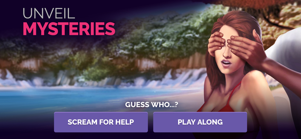 Uma mulher de biquíni vermelho com os olhos cobertos por um homem em uma cena interativa de suspense de Linda Brown