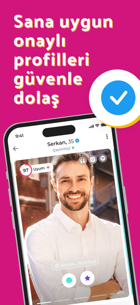 Pembe Panjur Chat & Arkadaşlık - A verified user profile on the Pembe Panjur dating app showing a high compatibility score and personal details